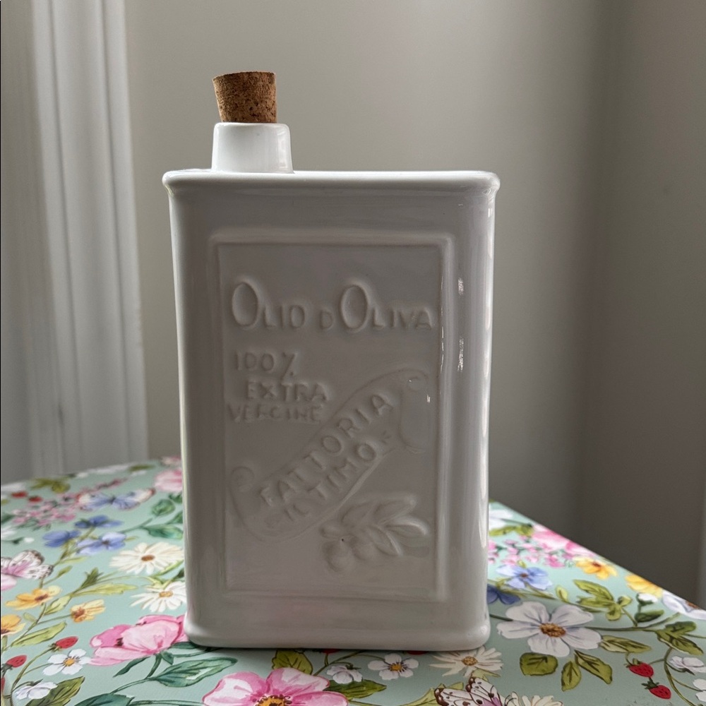 Anthropologie White Ceramic Olive Oil Bottle with Cork